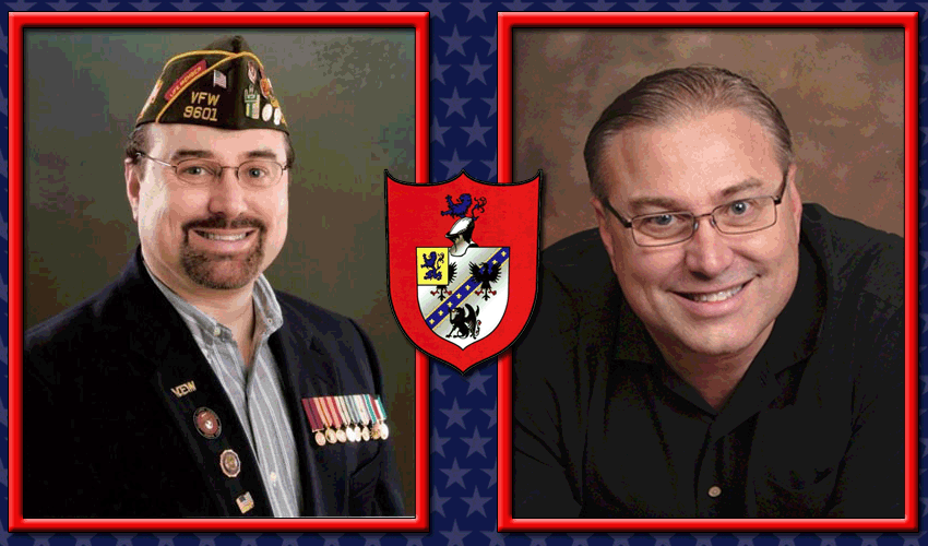 Framed VFW Portraits of Michael L. Emerson - joined in center by the Emerson Family Crest.